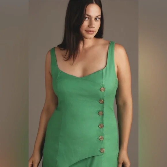 ✨ Anthropologie Sleeveless Square-Neck Linen Button Wrap Midi Dress Sz L - Picture 6 of 8